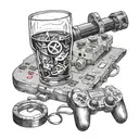 glasses with a playstation controller with a pint of IPA beer tattoo design idea