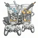 glasses with a playstation controller with a pint of IPA beer tattoo design idea