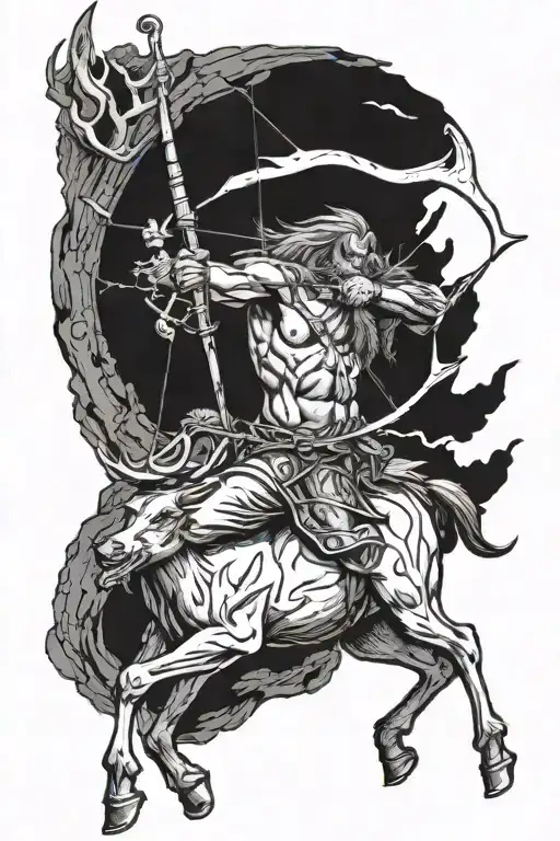 Sagittarius mountain man archer shooting a bow and arrow, centaur body but half elk. has horns on hood or head. tattoo design idea