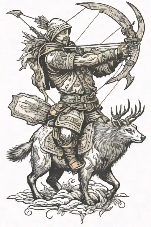 Sagittarius archer shooting a bear and riding, with an elk hood. rugged with Canadian hints tattoo design idea