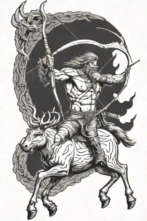 Sagittarius mountain man archer shooting a bow and arrow, centaur body but half elk. has horns on hood or head. tattoo design idea