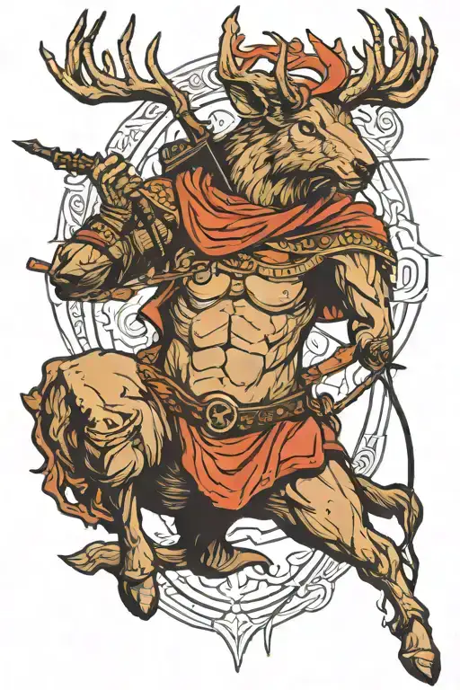 Sagittarius archer riding and shooting hood is an elk head, fighting a bear tattoo design idea