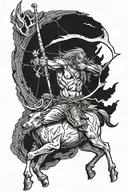 Sagittarius mountain man archer shooting a bow and arrow, centaur body but half elk. has horns on hood or head. tattoo design idea