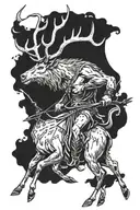 Sagittarius mountain man archer shooting a bow and arrow, centaur body but half elk. has horns on hood or head. tattoo design idea