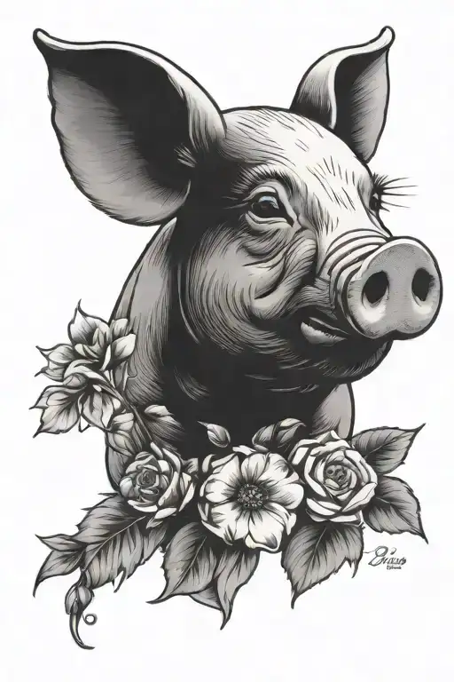 pig with flowers tattoo design idea