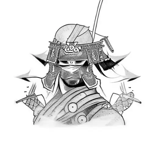 "Create a unique tattoo design featuring a confident samurai warrior adorned in traditional armor or wielding a sword. I tattoo design idea
