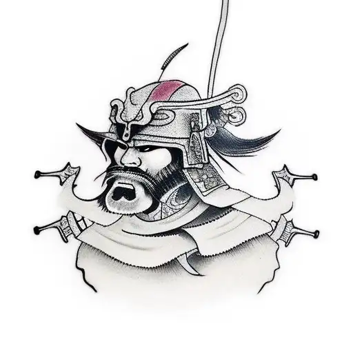 "Create a unique tattoo design featuring a confident samurai warrior adorned in traditional armor or wielding a sword. I tattoo design idea