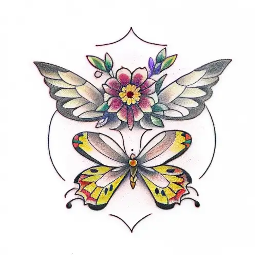 Half butterfly half flowers tattoo design idea