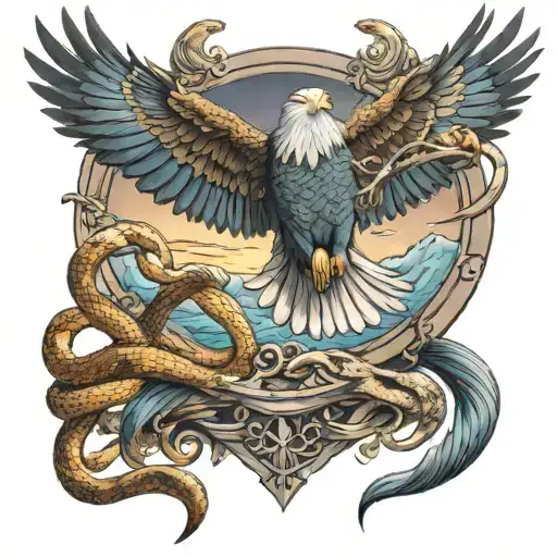 snake catching eagle soaring tattoo design idea