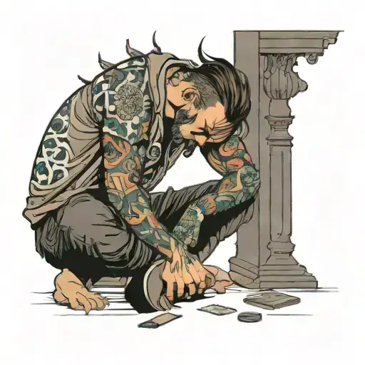 a man trying to learn how to be mindful and work through depression while contemplating his future and hoping for bliss tattoo design idea