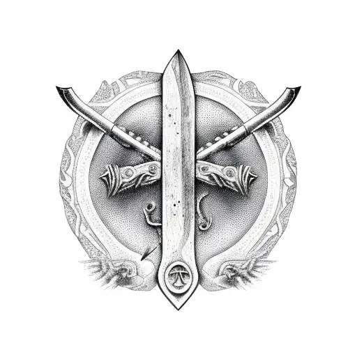 An intricate design featuring a powerful axe surrounded by symbols of strength and courage tattoo design idea
