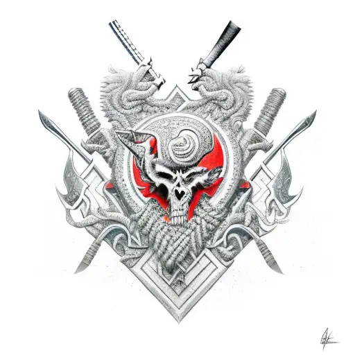 An intricate design featuring a powerful axe surrounded by symbols of strength and courage tattoo design idea