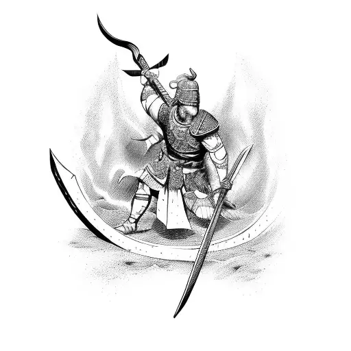 A fierce warrior wielding a battle axe in the midst of a raging war tattoo design idea