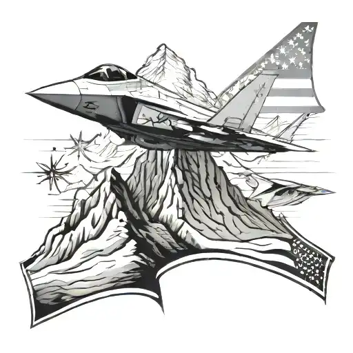4 mountain peaks an American flag in the mountain and an f-22 raptor  tattoo design idea