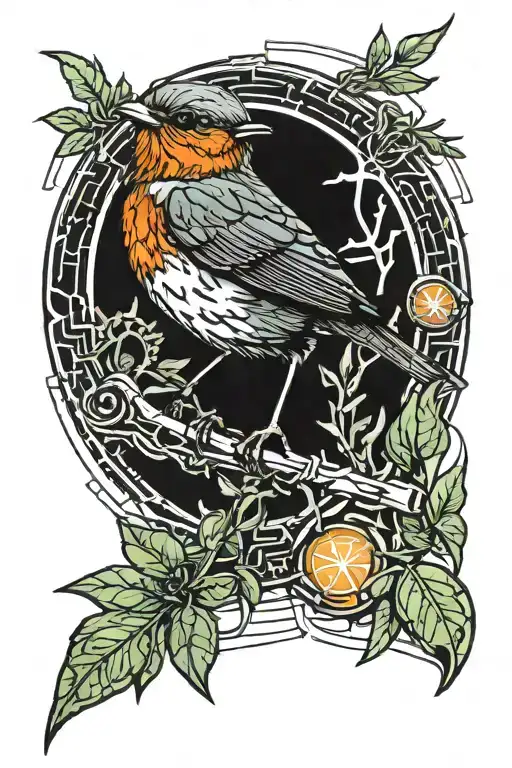 robin perched on rosemary   tattoo design idea