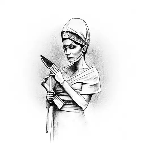 A minimalist design of a mother holding a scalpel tattoo design idea