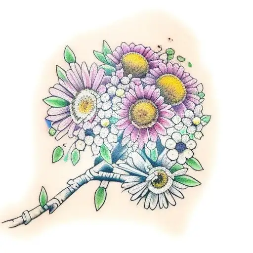 birch tree, larkspur, daisy and chrysanthemum  tattoo design idea
