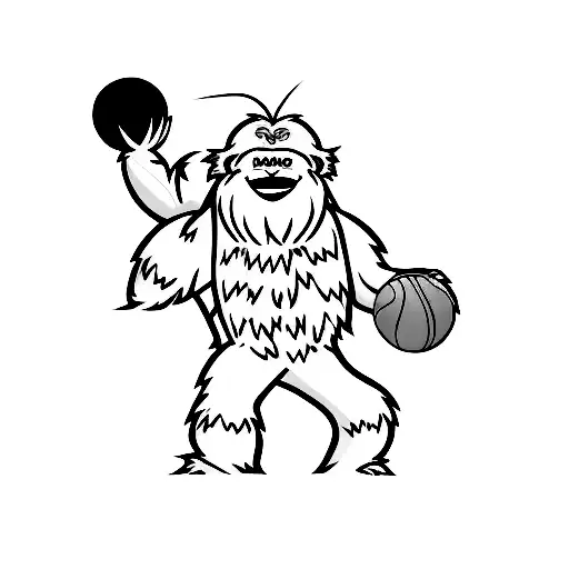 a yeti wearing a basketball jersey with the number 1 on the back, holding a football tattoo design idea