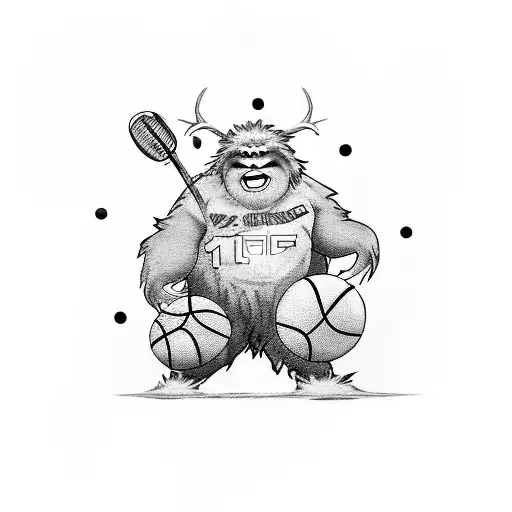 a yeti wearing a basketball jersey with the number 1 on the back, holding a football tattoo design idea