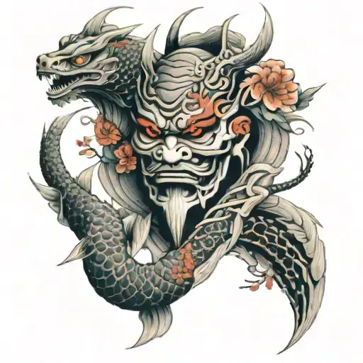 Masks, samurais, dragons, flowers, carp tattoo design idea