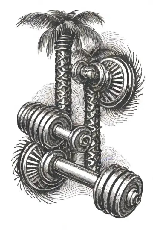 A dumbbell with palm trees and waves as the weights tattoo design idea