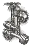 A dumbbell with palm trees and waves as the weights tattoo design idea