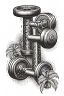 A dumbbell with palm trees and waves as the weights tattoo design idea