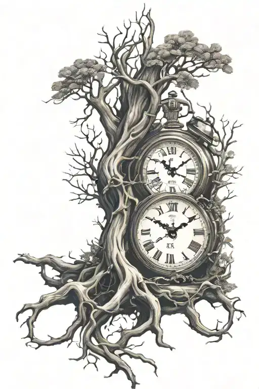 broken clock with roots tattoo design idea