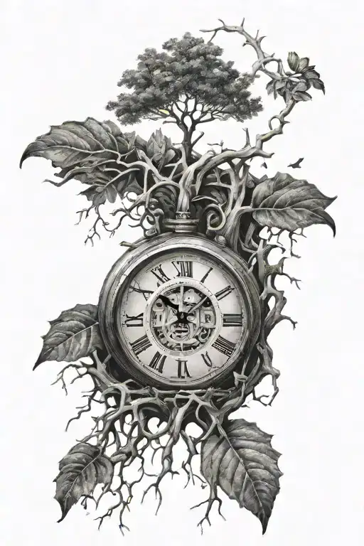 broken clock with roots growing around it tattoo design idea
