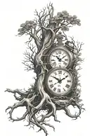 broken clock with roots tattoo design idea