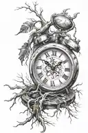 broken clock with roots tattoo design idea