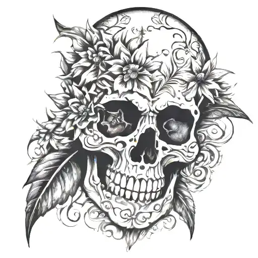 very gloomy Mexican skull mixed with an edelweiss flower, very detailed tattoo design idea