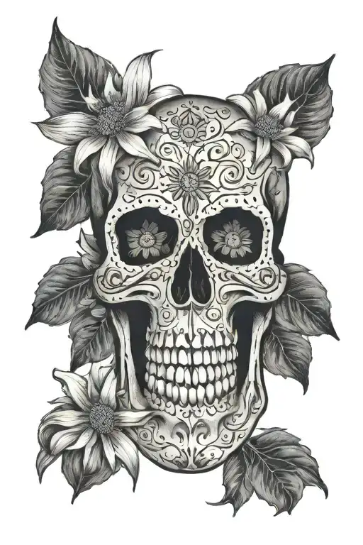 very gloomy Mexican skull mixed with an edelweiss flower, very detailed tattoo design idea