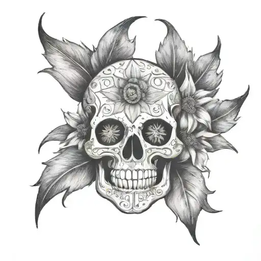 very scary Mexican skull mixed with an edelweiss flower, very detailed tattoo design idea