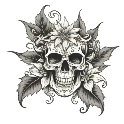 very scary Mexican skull mixed with an edelweiss flower, very detailed tattoo design idea