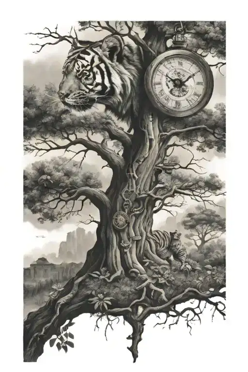 big tree and clock and tiger eyes garden    tattoo design idea