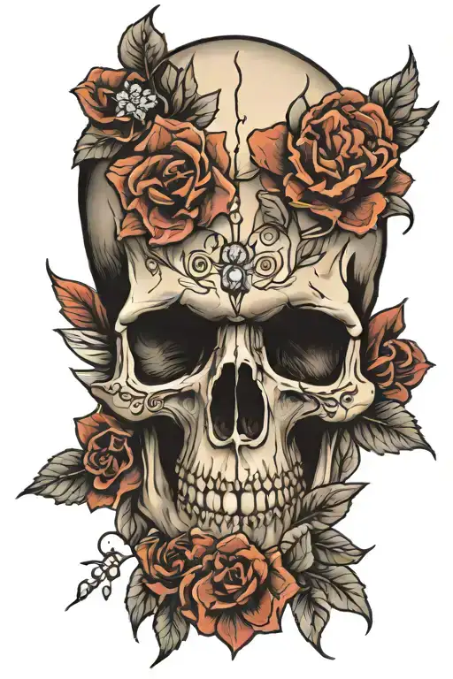 skull, flowers, diamonds tattoo design idea