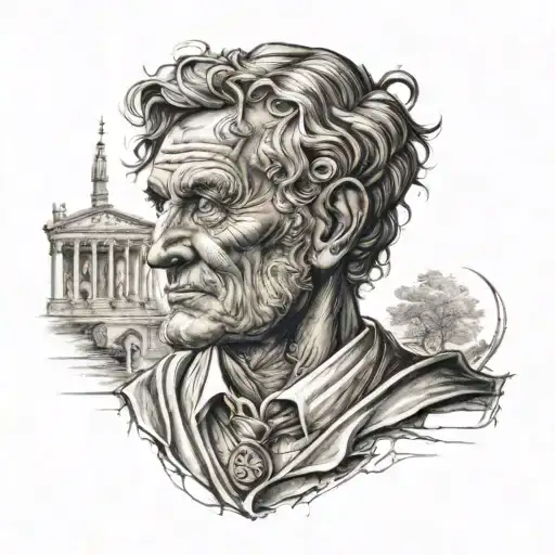 A realistic portrait of a famous Roman lawyer or philosopher with a modern twist tattoo design idea