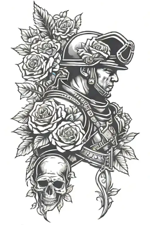 A powerful army soldier silhouette with a halo of roses and a crown tattoo design idea