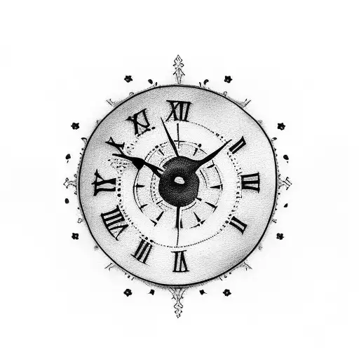 black and white bicep tattoo of a clock with a little bit of line art and roses around it. include roman numerals for 7/ tattoo design idea