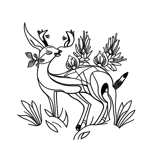 simple fine line feminine tattoo of springbok with flowers tattoo design idea
