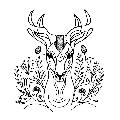 fine line feminine tattoo of springbok with flowers tattoo design idea
