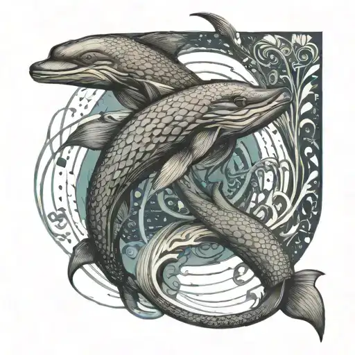 Electric eel weaving through a school of dolphins in a stylized ocean setting tattoo design idea