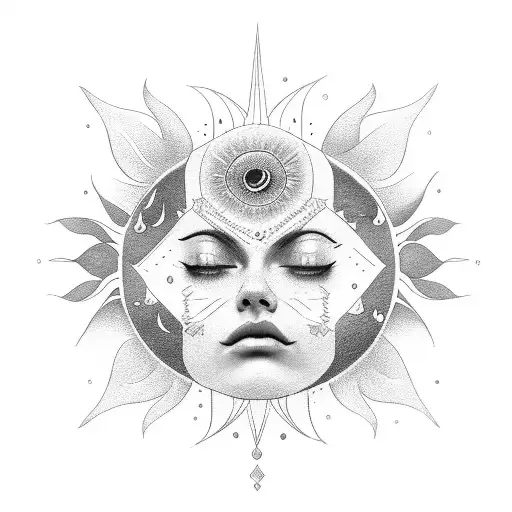 A sun with a beautiful face with details connected to music tattoo design idea