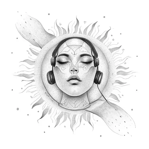 A sun with a beautiful face showing that music is incredibly important to life tattoo design idea