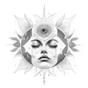 A sun with a beautiful face with details connected to music tattoo design idea
