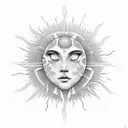 A sun with a beautiful face with details connected to music tattoo design idea