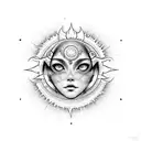 A sun with a beautiful face with details connected to music tattoo design idea