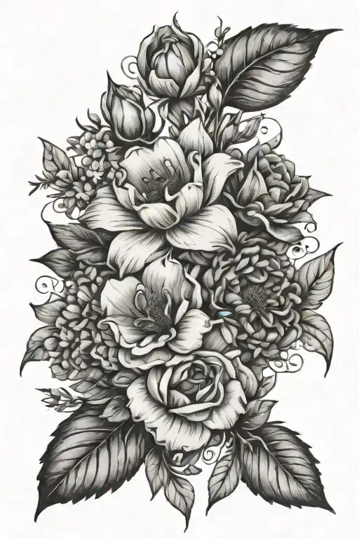 sketch of birth flower bouquet for January, March, May, August, September and December  tattoo design idea