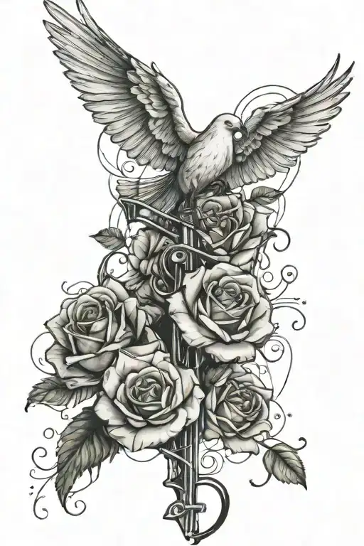 roses, doves, clouds, cross, music notes tattoo design idea